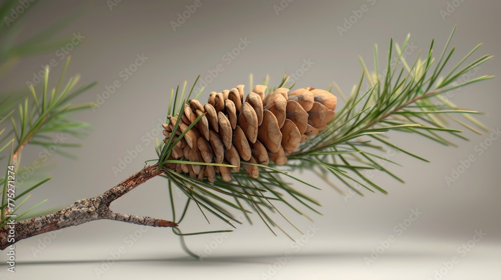 Poster close up of a pine cone on a branch. suitable for nature and outdoor themes