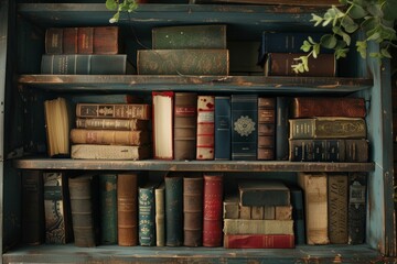 Classic Book Collection on Rustic Shelves - obrazy, fototapety, plakaty