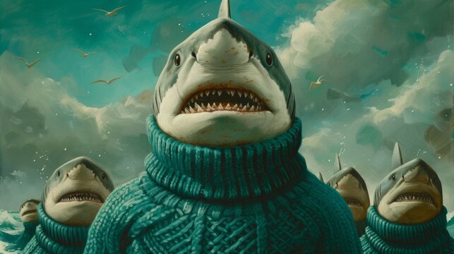 A painting of a group of sharks wearing sweaters, AI