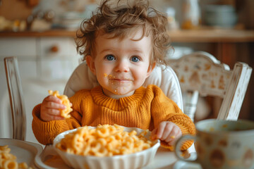 Little boy having cereal for breakfast - obrazy, fototapety, plakaty