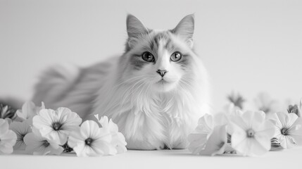 A cat sitting in front of a bunch of flowers, AI
