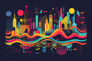 Music Notation Drawing Waves on Colorful Abstract Background, world music day illustration  - obrazy, fototapety, plakaty