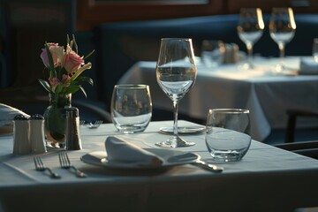 A table set with wine glasses, plates, and utensils. Perfect for restaurant menus or event planning