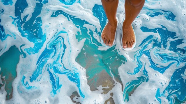 A person standing on a surfboard in the ocean with blue and white foam, AI