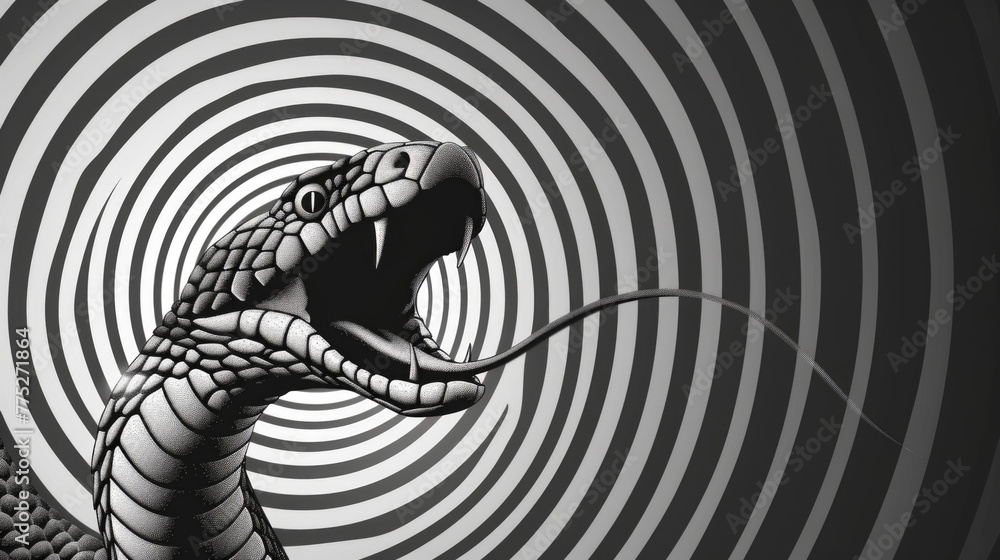Poster a striking black and white image of a snake showing its fierce side. suitable for educational materi