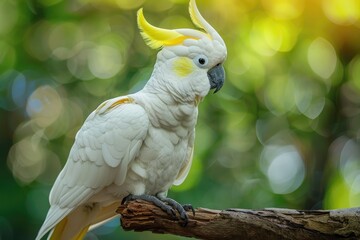 A white bird with yellow feathers perched on a branch. Perfect for nature and wildlife themes