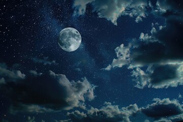 Naklejka na ściany i meble Full moon shining through clouds in the night sky. Suitable for night sky backgrounds
