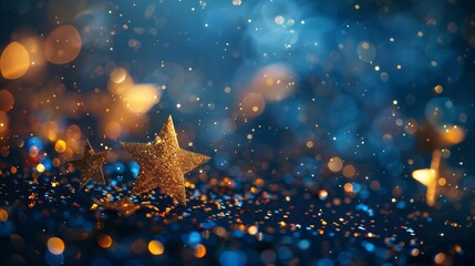New Year magic captured with gold glowing stars and particles against a deep blue, hinting at a gold foil luxury