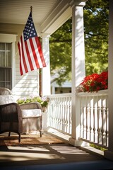 Vertical photo of USA flag on building porch expresses patriotism reflecting love for country. USA flag on porch of house unmistakably radiates sense of patriotism signifying national allegiance