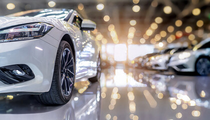 Close up of New cars display in luxury showroom with light bokeh in motor show event.