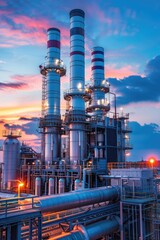 Industrial factory with pipes and chimneys at sunset. Suitable for industrial, manufacturing, and environmental themes - obrazy, fototapety, plakaty