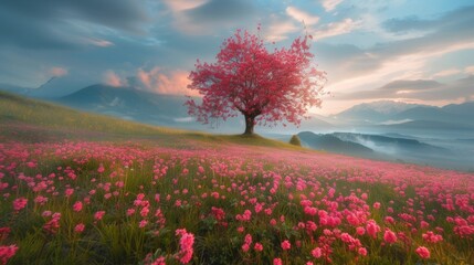 A lone tree in a field of pink flowers with mountains behind, AI