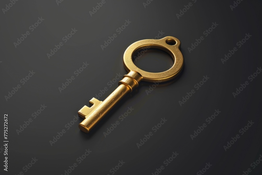 Poster A shiny golden key resting on a sleek black surface. Perfect for security concepts