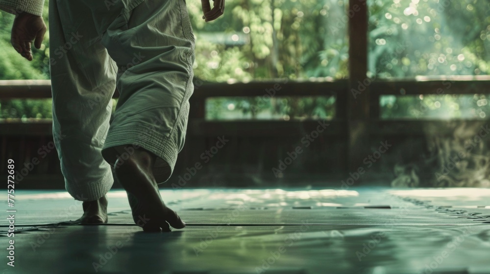 Poster a person walking on a tiled floor in front of a window. suitable for architectural and lifestyle the
