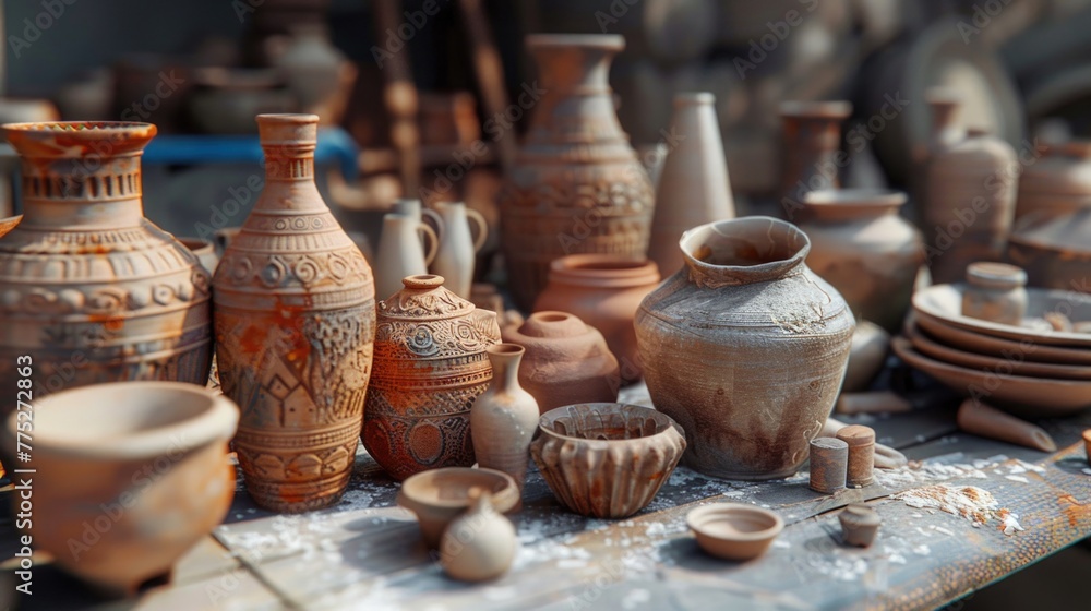Poster various pottery items displayed on a table. ideal for home decor or craft projects