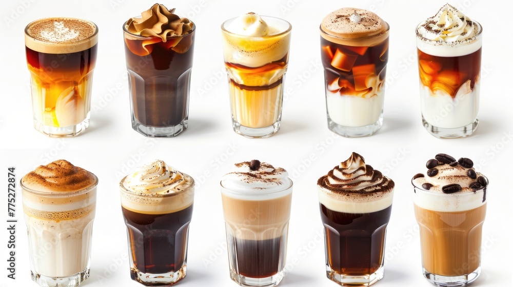 Poster Assorted beverages with unique toppings. Suitable for menu designs