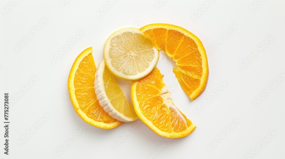 Poster freshly sliced oranges on a clean white background. ideal for food and beverage concepts