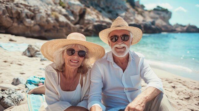 Elderly couple enjoying a sunny day at the beach. Lifestyle portrait with sea and rocks background