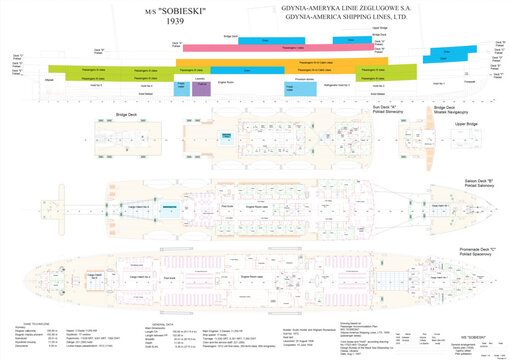 MS "Sobieski" Poland passenger ship 1939. Deck's plan as delivered in 1939. Deck A-C
