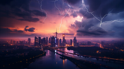 Lightning in the distance behind a cluster of skyscrapers, AI Generative.