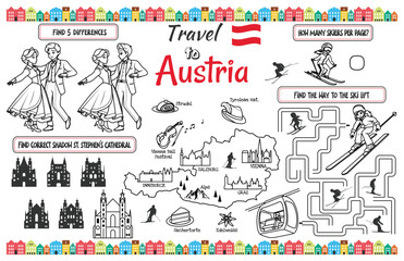 A fun placemat for kids. Printable “Travel to Austria” activity sheet with a labyrinth, find the differences and find the same ones. 17x11 inch printable vector file