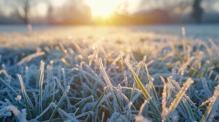 A field of grass covered in frost with the sun setting in the background. Perfect for nature and...