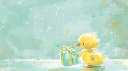 Cute cartoon yellow duckling with a gift.
Concept: children's theme, birthday invitations, holiday goods