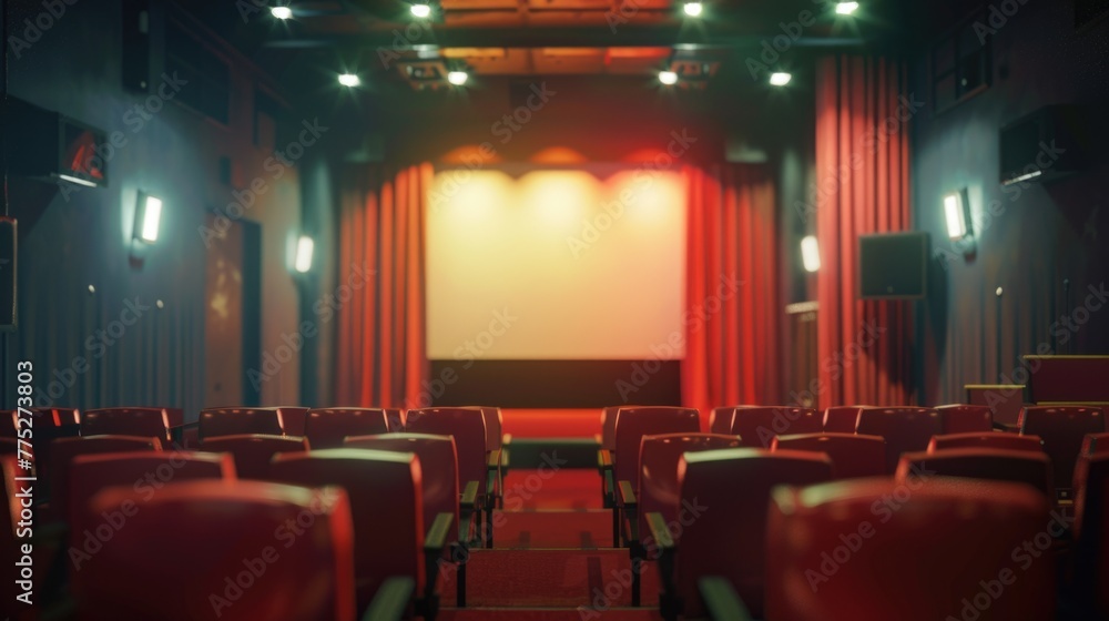 Aufkleber an empty theater with red seats and a projector screen. ideal for advertising or entertainment conce