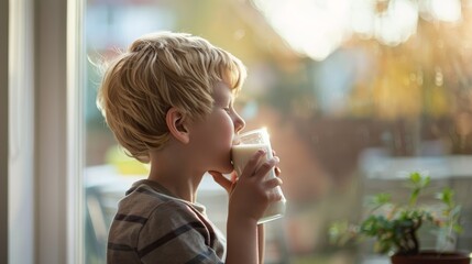 Little boy sipping milk outdoors. Fresh morning concept with copy space.