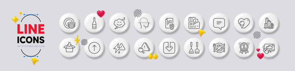 Reward, Dishes and Attention line icons. White buttons 3d icons. Pack of Cooking cutlery, Ice cream, Lightning bolt icon. Skyscraper buildings, Cloud computing, Sleep pictogram. Vector