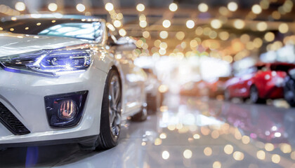 Close up of New cars display in luxury showroom with light bokeh in motor show event.space for text