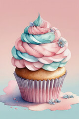 Sweet cupcakes with berry and whipped cream for sweet design in watercolor style. - obrazy, fototapety, plakaty