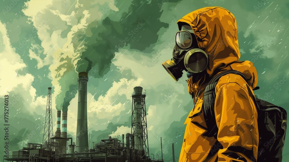 Poster A man in a yellow gas mask standing next to an industrial plant, AI