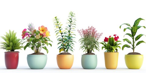 A row of potted plants on a clean white surface. Suitable for home decor and gardening concepts