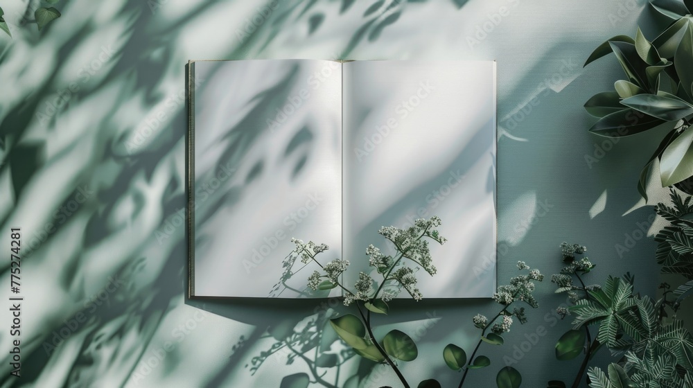 Poster an open book sitting on top of a table next to a plant. suitable for educational or home office conc