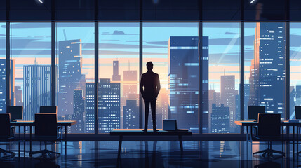 Fototapeta premium A businessman standing in front of a window looking out at a city