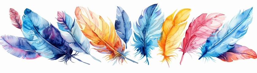 A panoramic display of beautifully painted watercolor feathers, showcasing a spectrum of vibrant colors with delicate brush strokes and fine details.