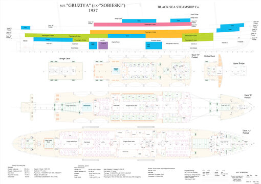 MS "Gruziya" ex-"Sobieski" Poland passenger ship 1939. Deck's plan as converted in 1957. Deck A-C