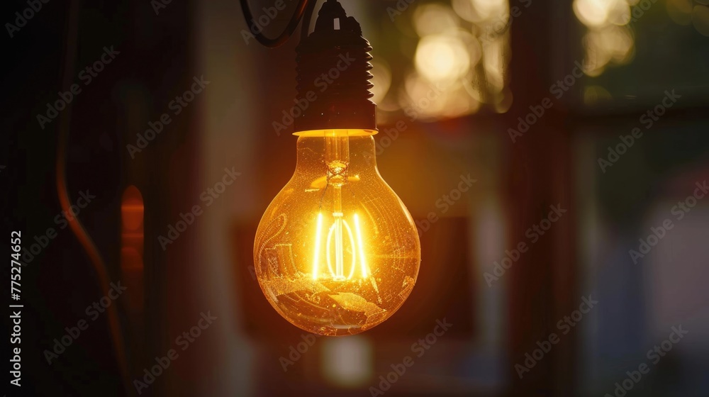 Poster a simple light bulb hanging in front of a window, perfect for interior design projects