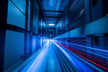 Blue-lit data center corridor with motion-blur light trails
