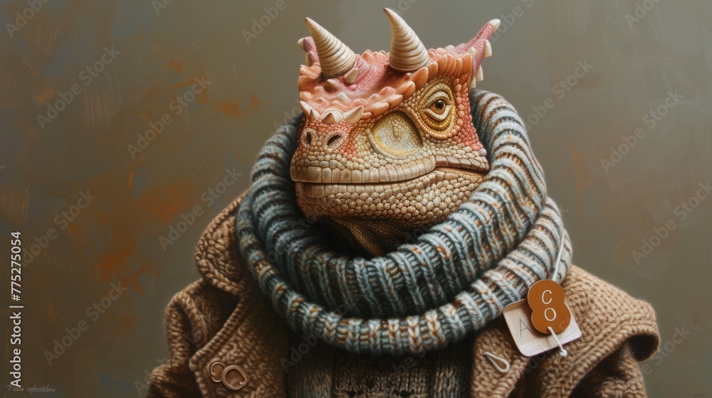 Canvas Prints A lizard wearing a sweater and hat with horns on it, AI