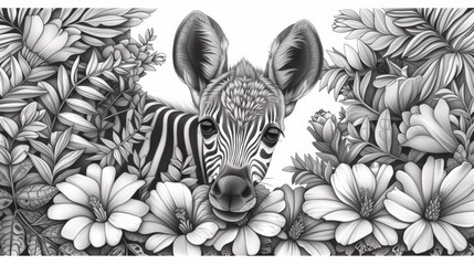 Obraz premium A black and white drawing of a zebra hiding in flowers, AI