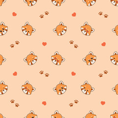 Vector seamless pattern with cute red pandas, hearts love and footprints