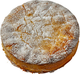 Homemade sponge cake dusted with powdered sugar cut out on transparent background