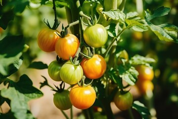 Cluster of ripe and ripening tomatoes on the vine under the bright summer sun. Ripe Tomatoes Growing on a Sunny Vine