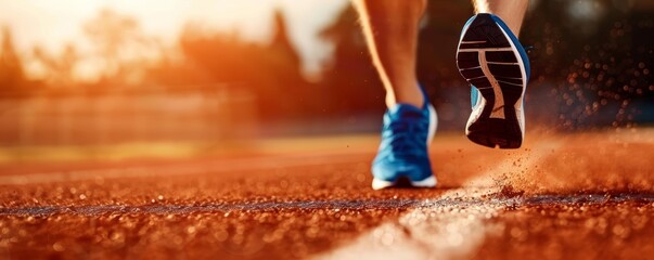 Runner's feet in motion on a red track at sunset with visible shoe soles. Fitness and sports concept