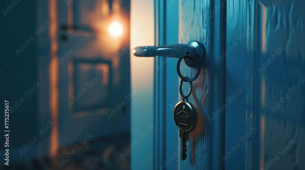 Poster A key hanging from a door handle. Suitable for security concepts