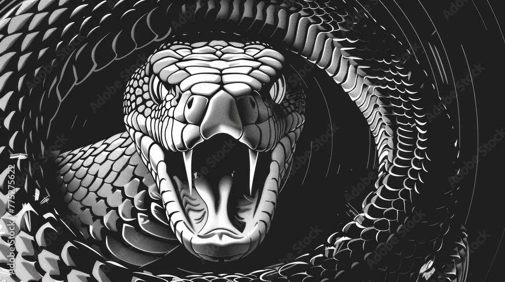 Poster a striking black and white image of a snake with its mouth open. suitable for nature or wildlife pro