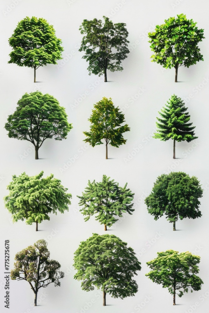 Poster various types of trees displayed on a white surface, suitable for nature-themed designs