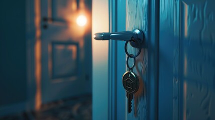 A key hanging from a door handle. Suitable for security concepts